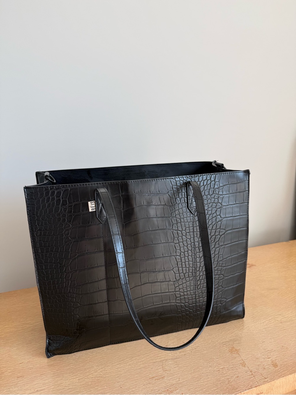 BEIS XL Black Croc-Embossed Tote Bag